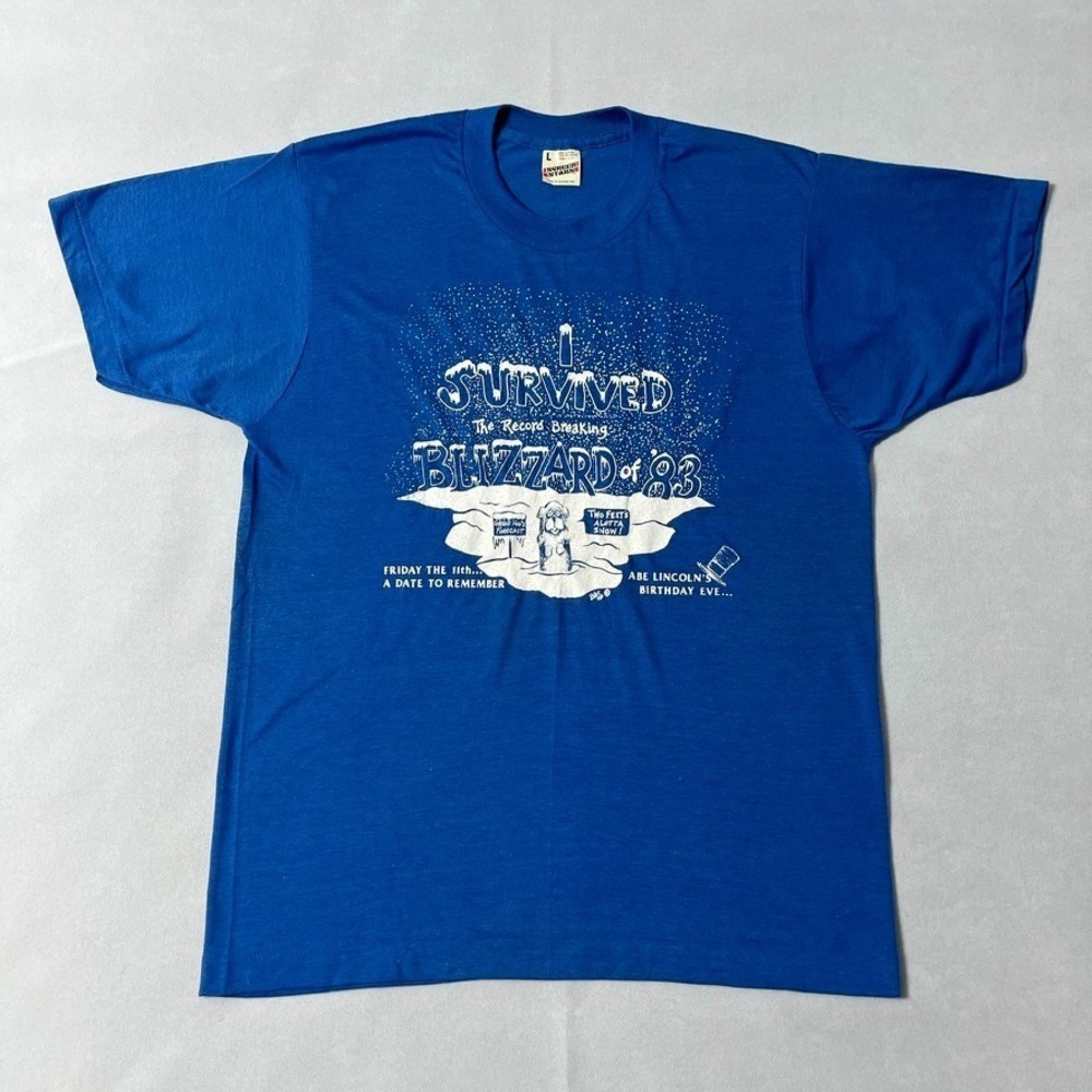 Vintage 1983 T Shirt Blue Blizzard of 83 Large Screen Stars Single Stitch